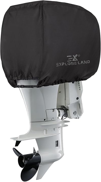 Explore Land Outboard Motor Cover - Waterproof 600D Heavy Duty Boat Engine Hood Covers - Fit for Motor 25-50 HP, Black