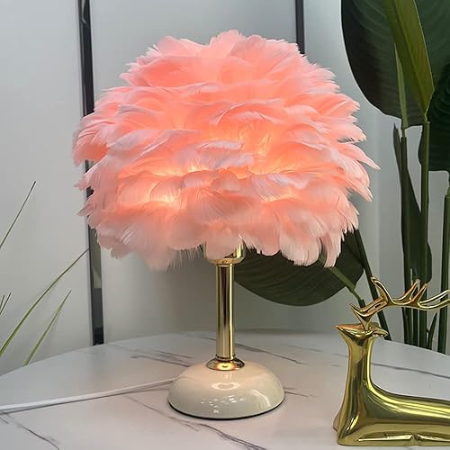 Meefad Lámpara de noche de plumas, luz nocturna LED moderna con base de cerámica, lámpara de mesa rosa para dormitorio