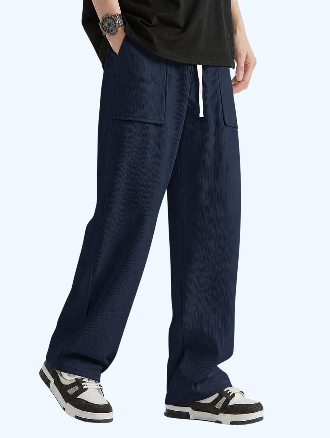 Men's Wide Leg Cargo Pants with Drawstring Waist, Casual Straight Trousers in Black, Navy, and Beige-image-41