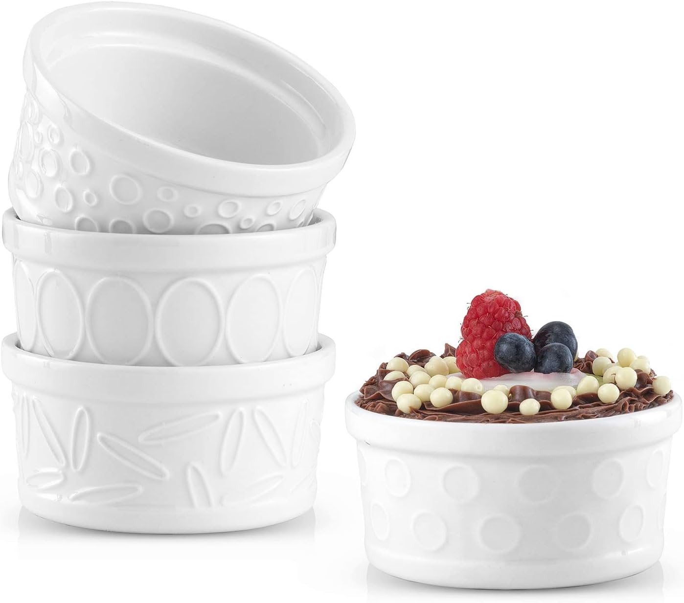 JoyJolt Small Ramekins 4 oz Oven Safe Bowls. White Embossed