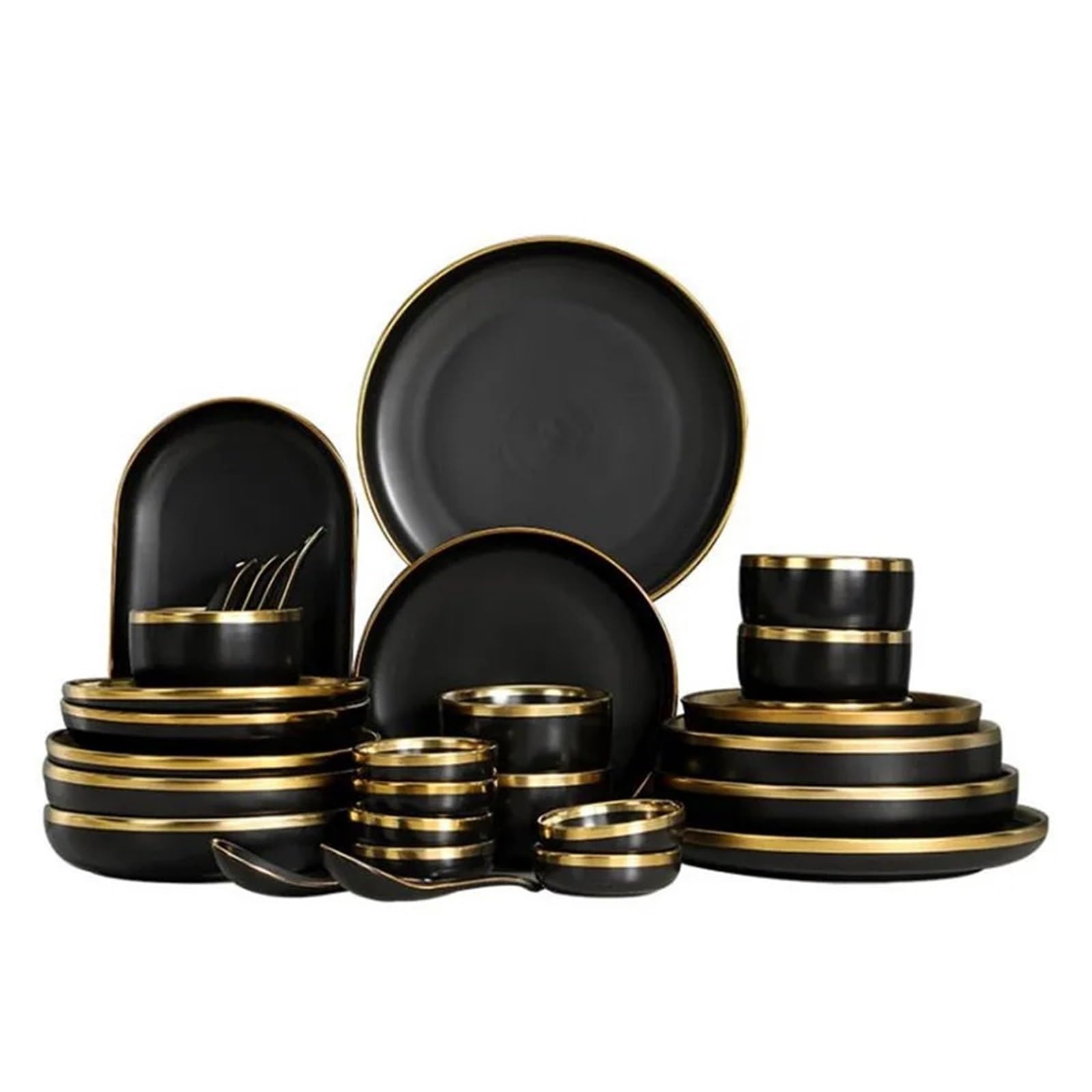 Geschirrset Schwarze Porzellan-Teller, Küchengeschirr, Keramik-Geschirr, Essenstablett, Reis, Salat, Nudeln, Schüssel, Besteck-Set Steingut-Geschirrset(7 inch Plate 1pcs)