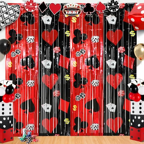 Casino Theme Party Decorations, 2 Pack Metallic Tinsel Foil Fringe Curtains Streamers Backdrop with Casino Theme Element Patterns for Casino Night Las Vegas Night Poker Party Birthday Party Decor