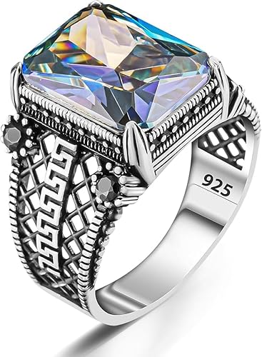 TAKILINGO 925 Sterling zilveren herenring met mystieke topaas edelsteen, handgemaakte mannen zilveren ring met micro zirkoon steen, Turkse zilveren ring, minimalistische herenring, Sterling zilver,