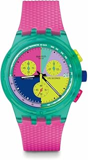 ساعة من سواتش بمينا متعددة الألوان وسوار وردي، عرض تناظري، موديل نيون فلاش ارو