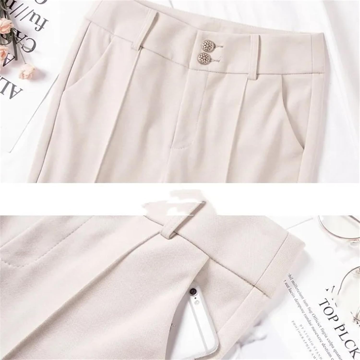 Women's Spring Fashion Bootcut Solid Color High Waist Button Zipper Spliced Pockets Suit Straight Casual Pants