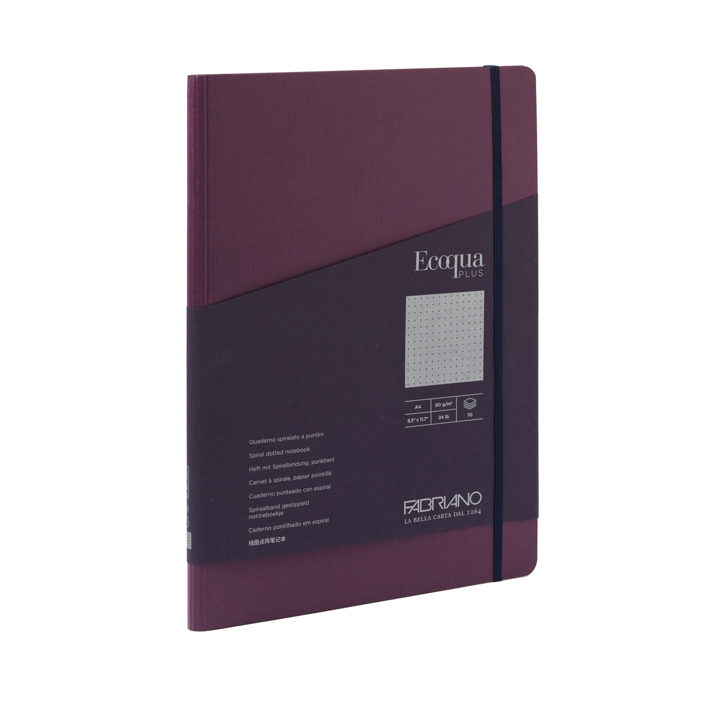 Fabriano Ecoqua Plus Hidden Spiral-Bound Notebook, 8.3" x 11.7", A4, Dotted, Wine