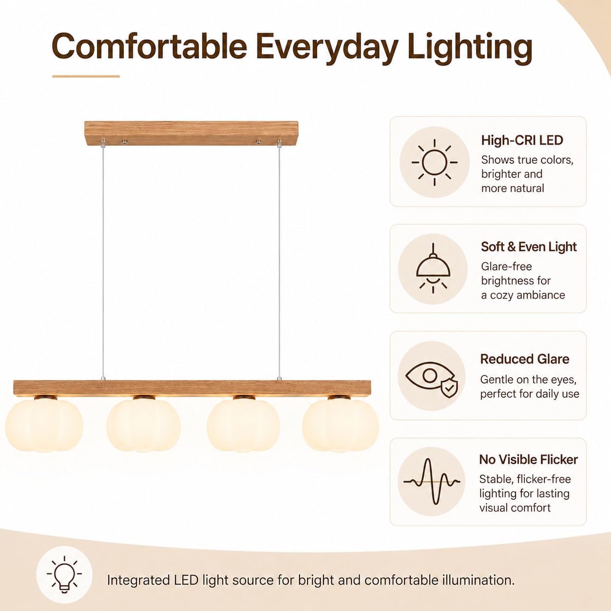 Lampadario Cucina LED in Legno, a Sospensione per Sala da Pranzo