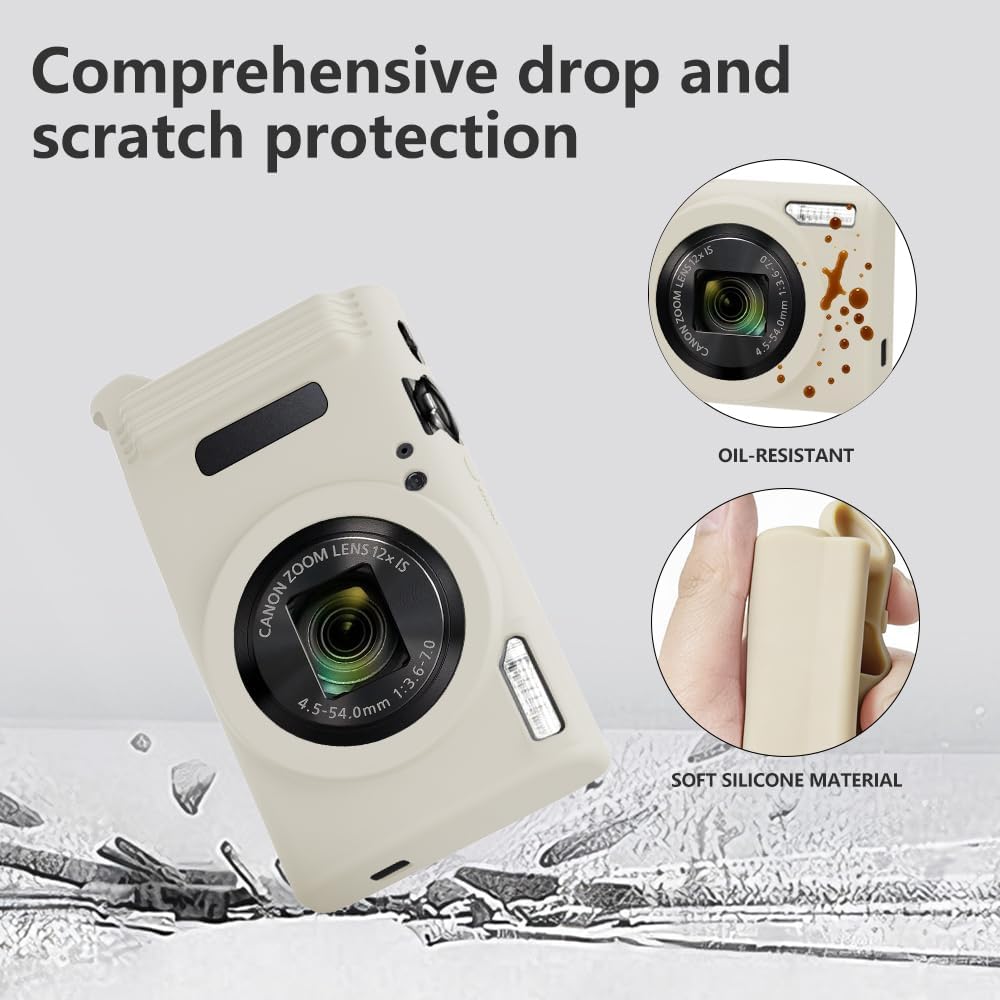 Silicone Case for Canon PowerShot ELPH 360/IXY 650 with Screen Protector and Lanyard,Soft Anti-Scratch Camera Cover,Slim Carrying Protective Camera Body Skin Sleeve - Off White