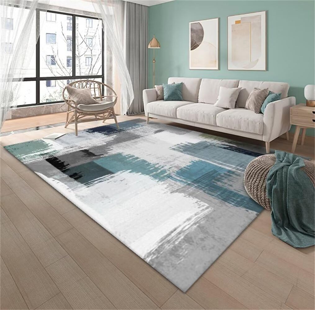 Tapis lavable grand format bleu pour salon moderne et facile à nettoyer