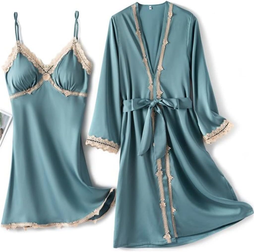 JSEIAJB Robe Gown Satin 2 Pieces Bathrobe&Chemise Sleepwear Lace Intimate Lingerie Pyjamas
