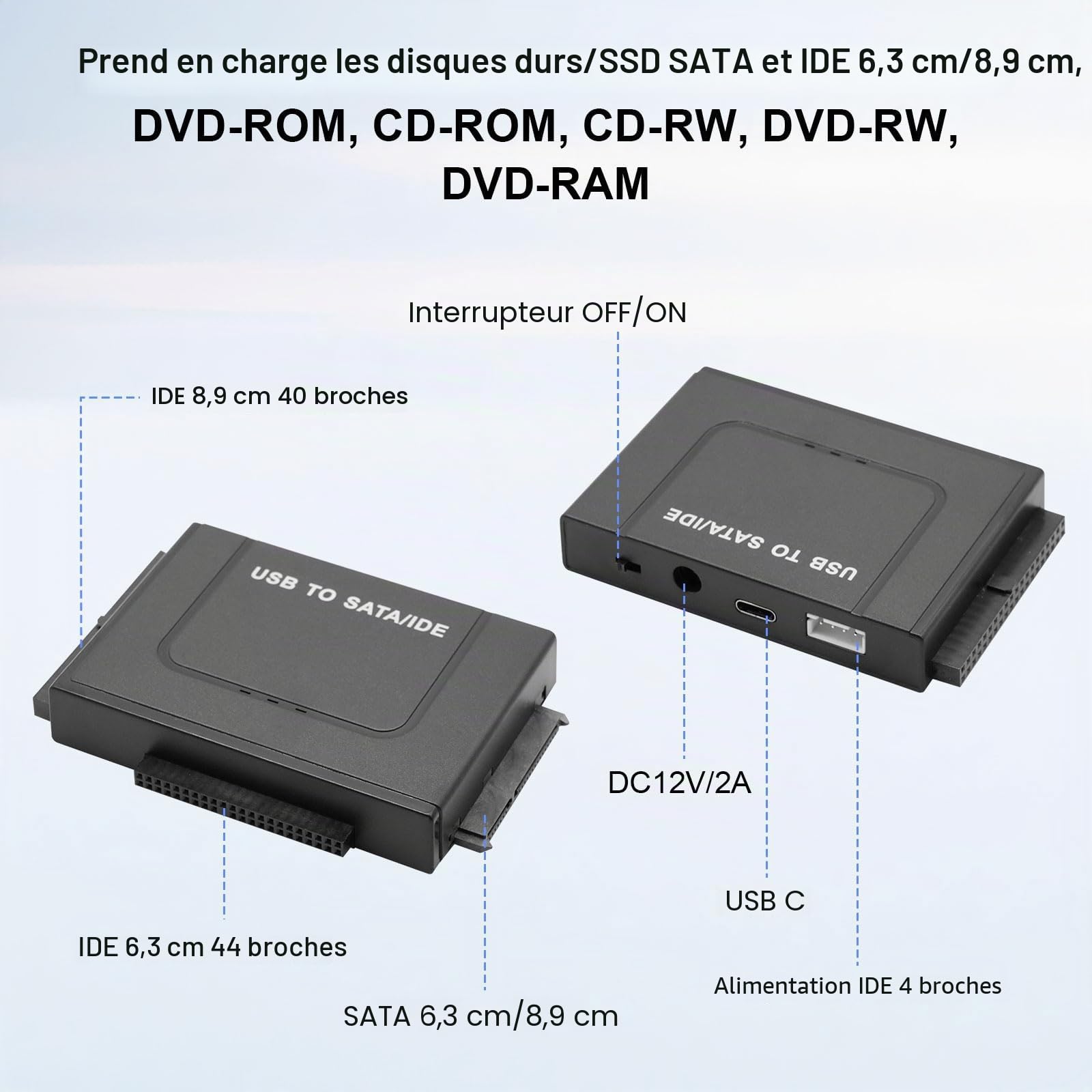 Adaptateur Disque dur USB 3.1 6Gbps pour 2.5" 3.5" HDD SSD SATA IDE Convertisseur avec Câble USB Alimentation 12V 2A
