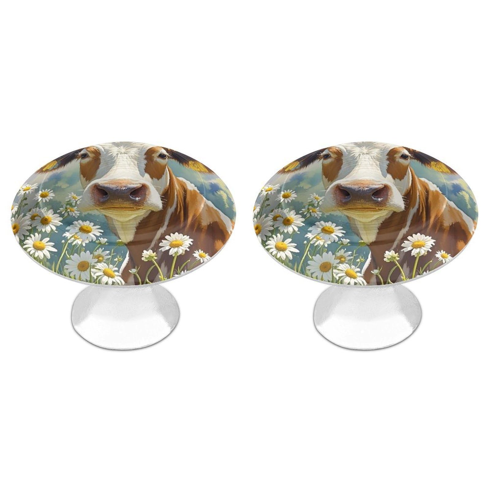 FekiLoot Watercolor Cow and Daisy Flower Cabinet Knobs Simple Drawer Handles Aluminum Alloy Kitchen Pulls Round Cabinet Door Knobs with Screw Door Hardware for Dresser Cabinets 2 Pack