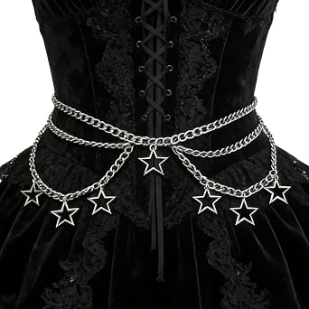Star Belt for Women, Punk Gothic Silver Waist Chain 27-38" Adjustable | Y2K Body Jewelry for Skirts, Dresses, Jeans Edgy Party Accessory, Durable Metal Alloy, Punk Gothic, Easy to Style
