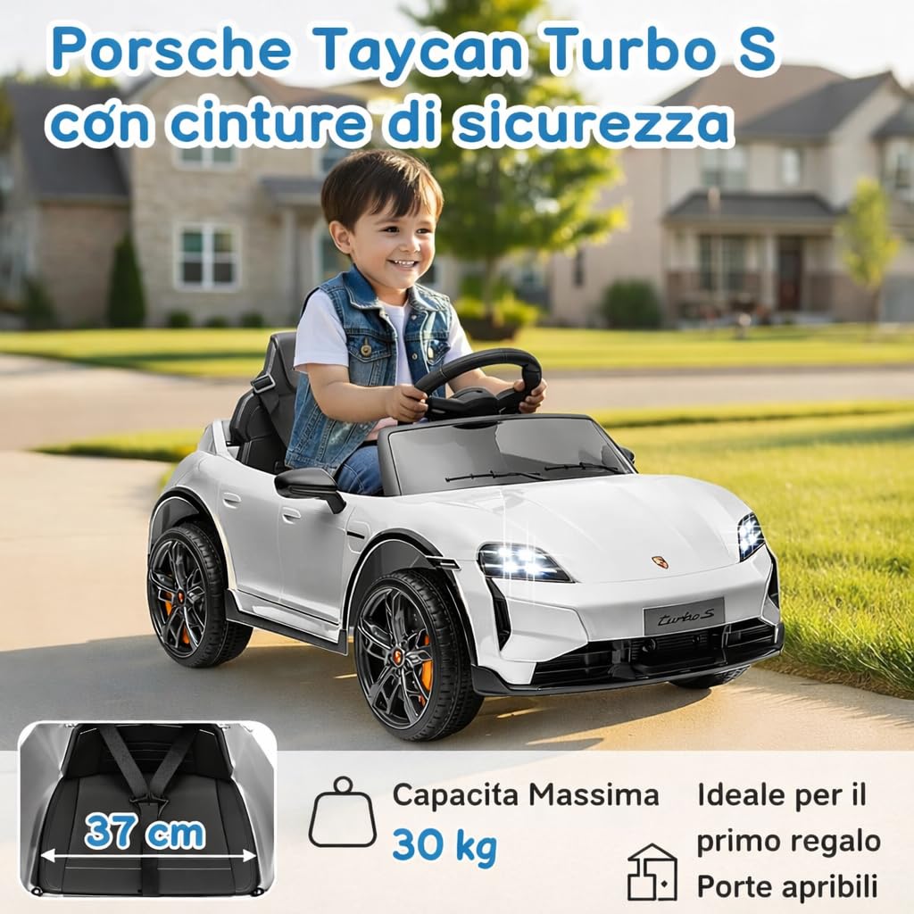Porsche Taycan Turbo S Macchina Elettrica per Bambini 12V con Telecomando Cintura a 3 Punti Fari a Led Bluetooth Auto Elettrica Full Optional (Bianco)