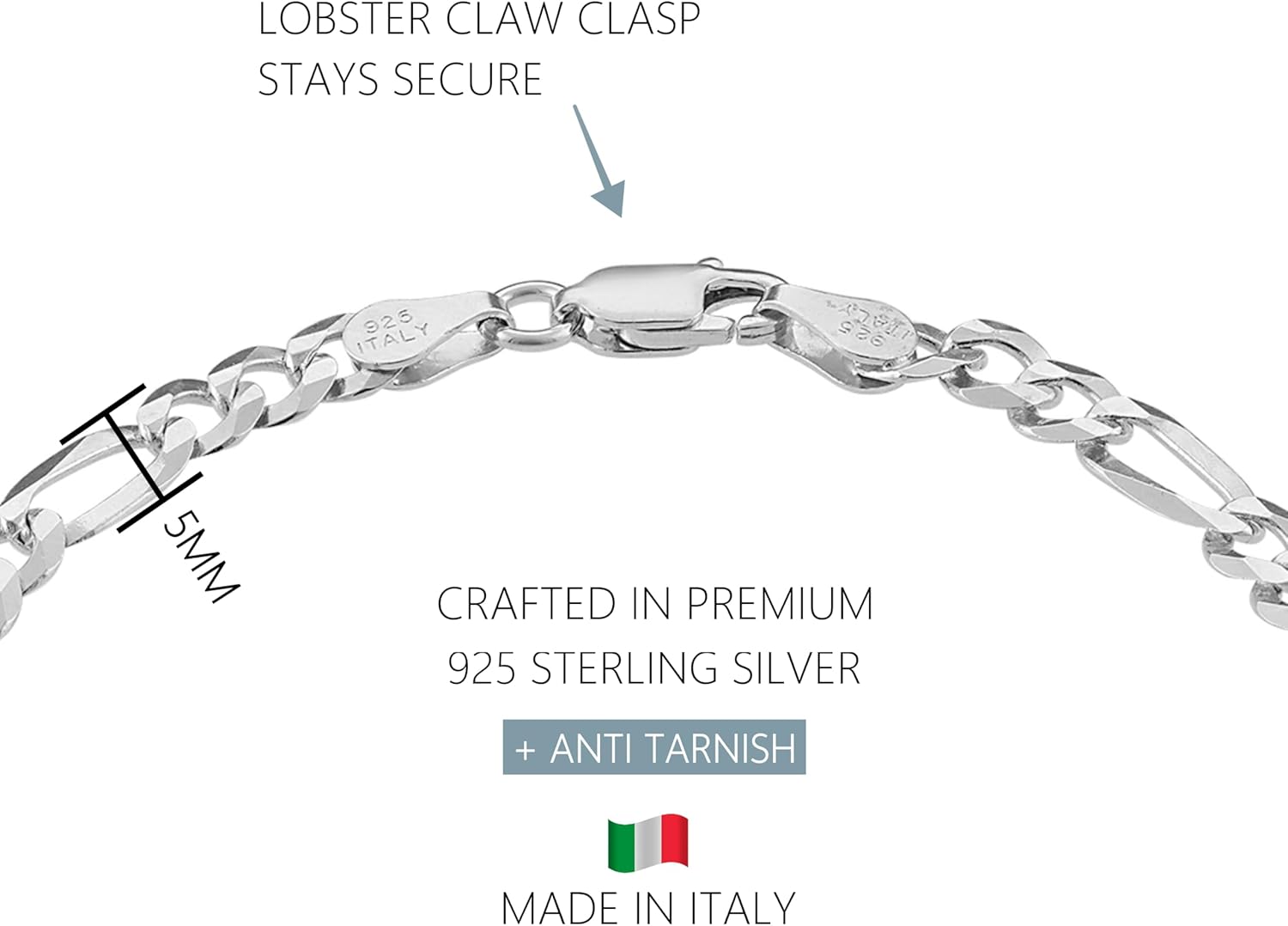 KISPER Mens Sold 925 Sterling Silver Bracelet - 5mm Cuban Link Curb Chain & Figaro Link Bracelets for Men - Sizes 6.5,7,8,9 Inch - Image 3