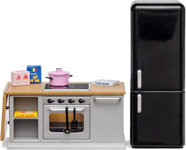 LUNDBY Dolls House Furniture Kitchen Island  Cooker + Fridge  10-piece Doll House Accessories for 11cm Mini Dolls Age 4+ Scale 1:18