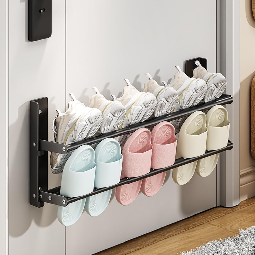 Shoe Rack Expandable 14.6"-26.4"，2-Tier Metal Hanging Shoe Organizer Holds 6 Pairs of Shoes,Wall-Mounted Shoe Rack, Foldable Shoe Shelf for Entryway Space-Saving Shoe Holder for Door, Black