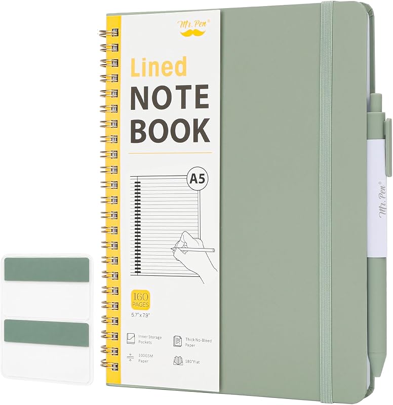 Mr. Pen - Cuaderno de espiral con forro, A5 (5,7 x 7,9 pulgadas), 160 páginas, verde | Cuadernos universitarios con tapa dura y encuadernados en espiral, con bolígrafo y pestañas adhesivas para notas, diario, escuela y planificación diaria
