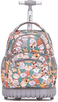 Tilami Rolling Backpack 16 Inch School College Travel Carry-on Backpack Boys Girls, Cute Cat