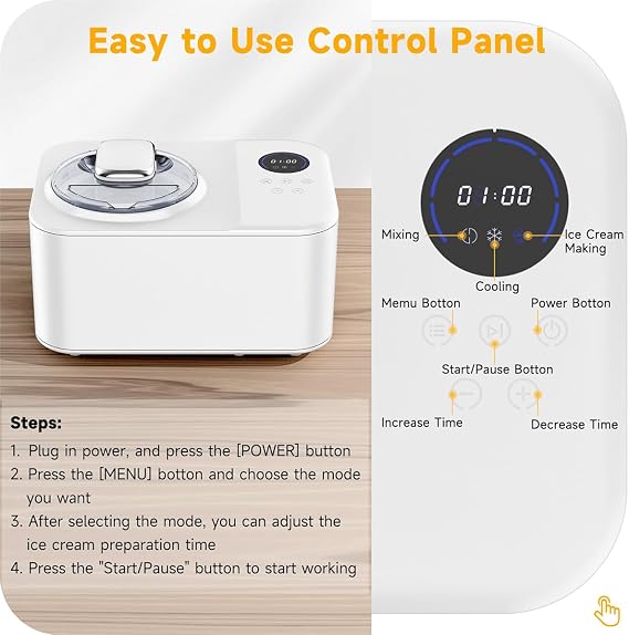 Automatic Ice Cream Maker for Home 1.2L Ice Cream Maker with Compressor, Compressor Ice Cream Maker with LCD Display, Refrigerating Machine for Kids, Home, Holiday