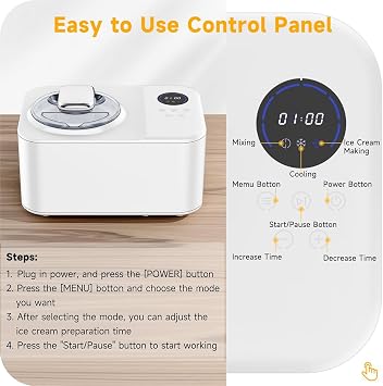 Automatic Ice Cream Maker for Home 1.2L Ice Cream Maker with Compressor, Compressor Ice Cream Maker with LCD Display, Refrigerating Machine for Kids, Home, Holiday