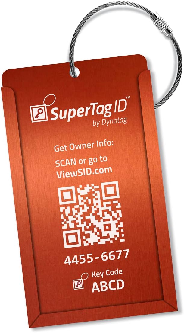 DYNOTAGWeb Enabled Smart Aluminum Convertible Luggage ID Tag + Braided Steel Loop, with DynoIQ™ & Lifetime Recovery Service (Electric Orange)