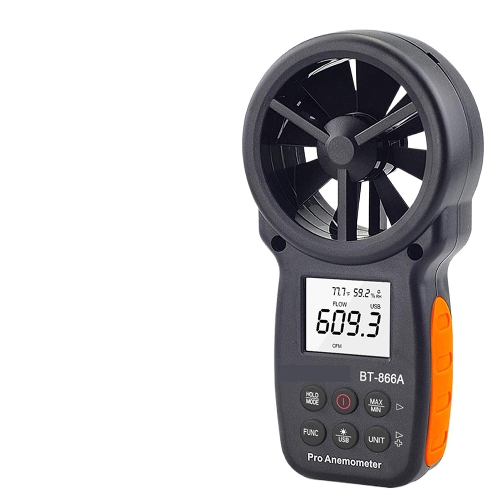 Anemómetro digital portátil for medir la velocidad del viento, la humedad y el flujo de aire, con retroiluminación y datos USB.