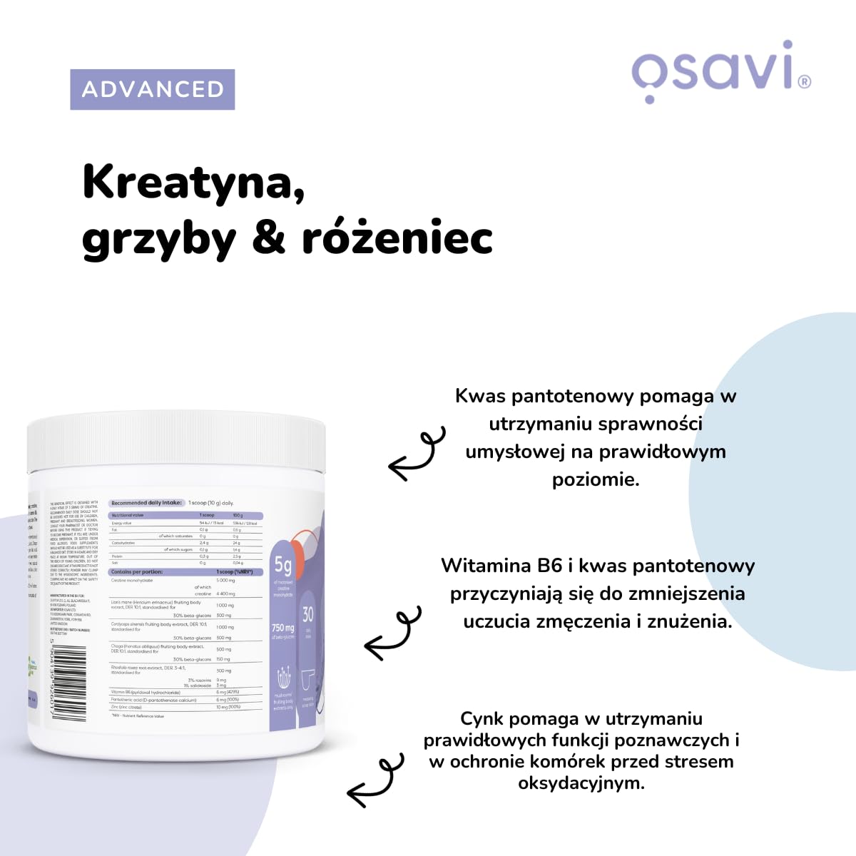 Osavi Kreatyna, Grzyby i Różeniec | Z 5 g kreatyny, 3 ekstraktami z grzybów i różeniecem dla wydajności, koncentracji i siły mentalnej – smak wiśniowo-truskawkowy – 300 g