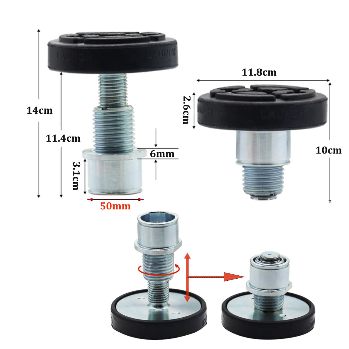 Set di 4 Tampone in Gomma per Cric Sollevatore Auto, Regolabile Tondo Tampone in Gomma con Filettato Acciaio Uso Universale Accessorio Cric Idraulico Tamponi Martinetti Sollevatore