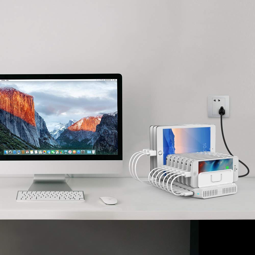 Alxum 96W 10 Ports Chargeur USB Multi-périphérique avec Supports réglables | Charge intelligente. 11 supports réglables. Téléphones & tablettes. Protection intégrée. Idéal maison & bureau.