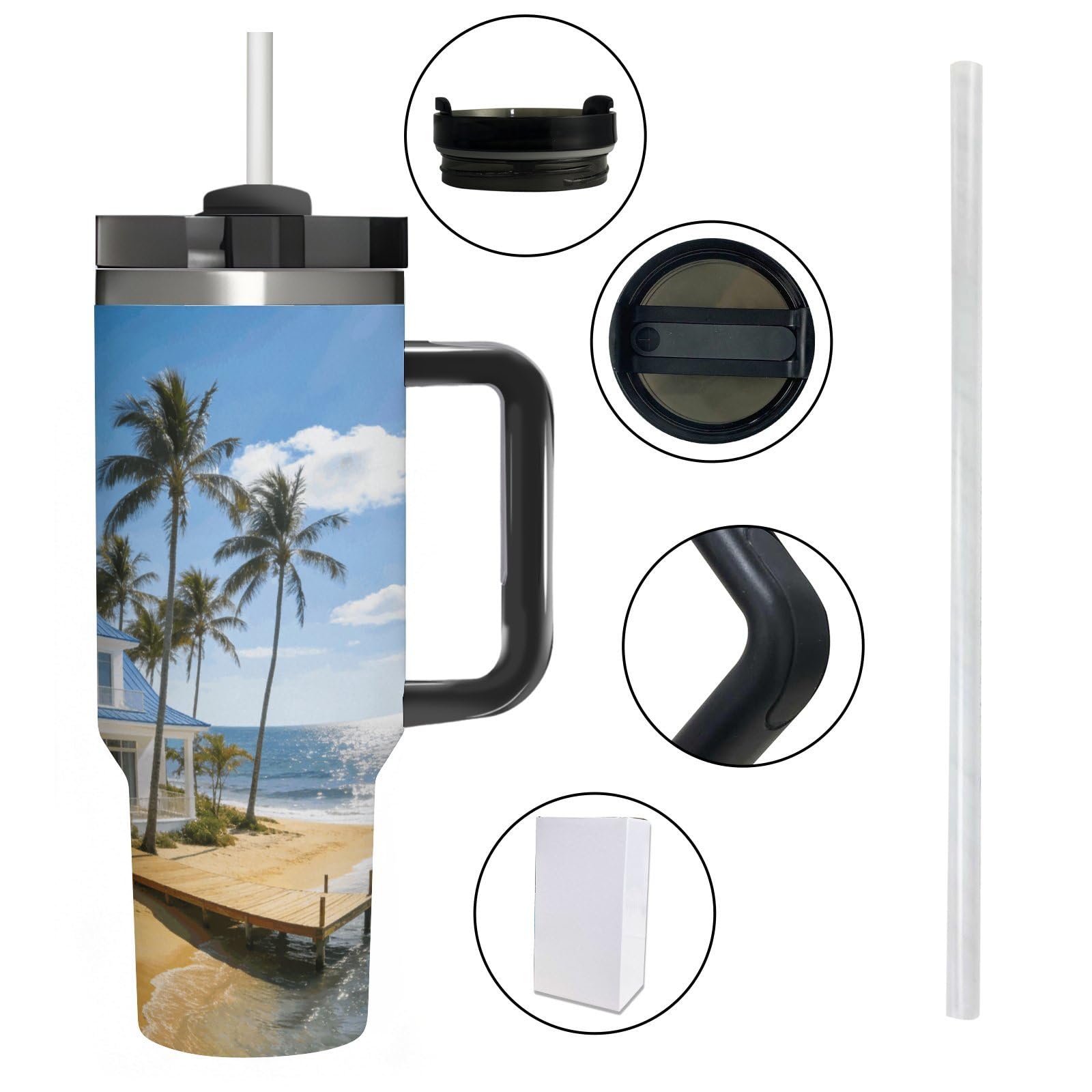 Blue Sea White House - Tazza da caffè da viaggio in acciaio inox, tazza da caffè con coperchio e cannuccia, tazza con manico, grande capacità, doppia parete, sottovuoto, a prova di perdite