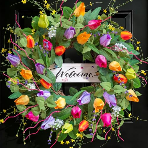 Summer Spring Wreaths for Front Door 26 Inch Tulip Spring Summer Wreath with Welcome Sign Artificial Floral Spring Door Wreath for Outdoor Front Door Farmhouse Seasonal Summer Wreath