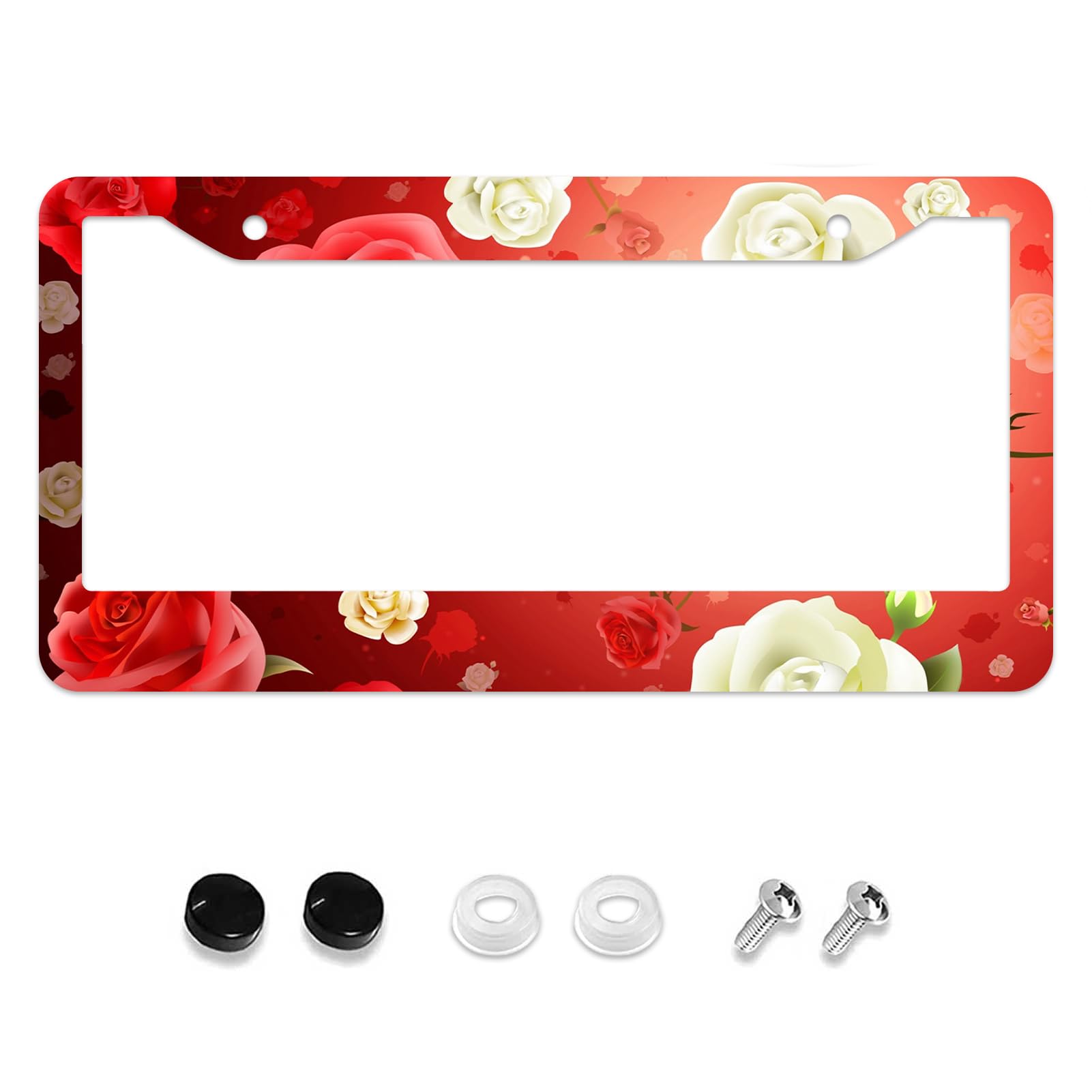 LOVEJIAWhite Red Rose Flower License Plate Frame, Floral License Plate Frames for Women Man, Car License Plate Holder Car Tag Frame Decor 2 Hole (RDL-3)