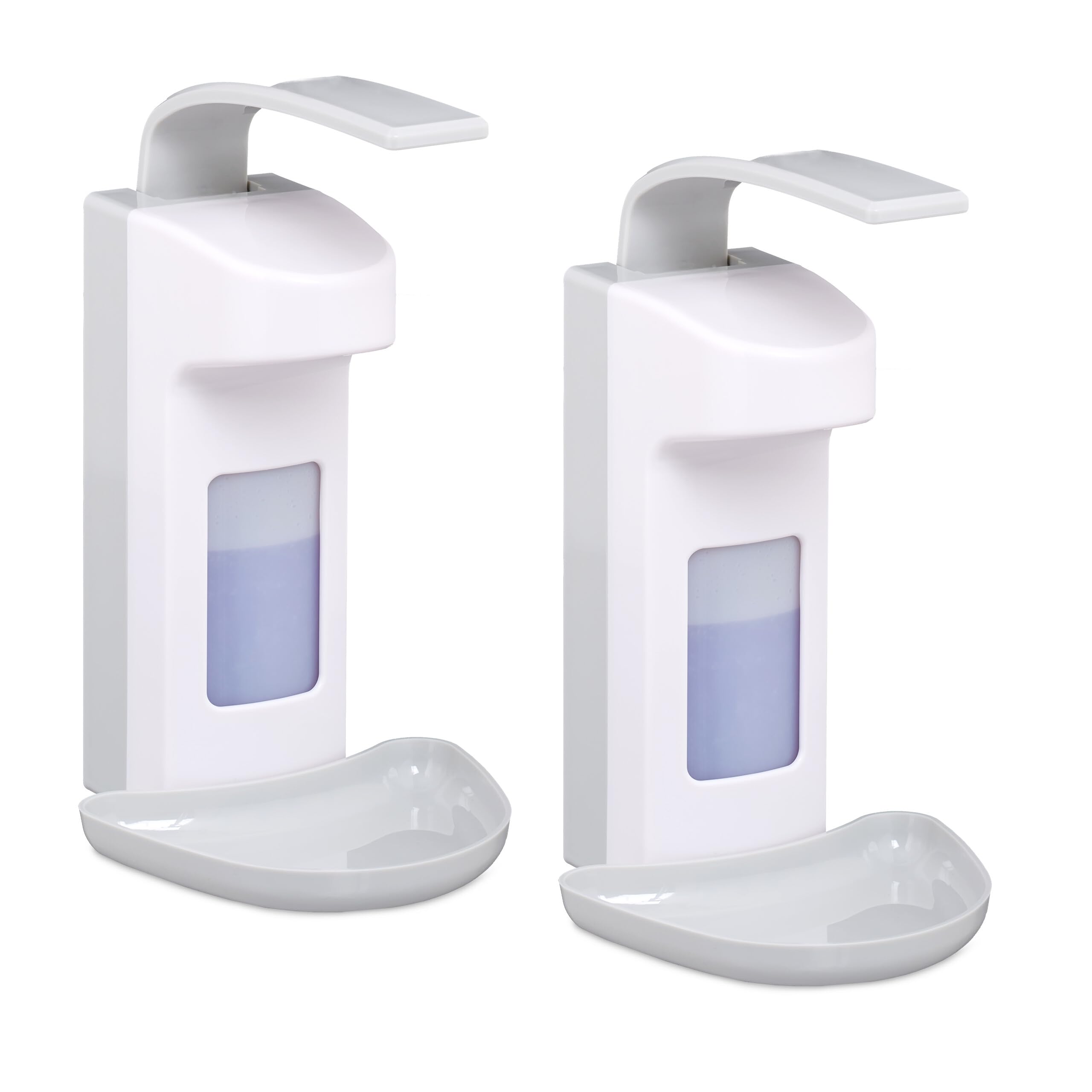 Relaxdays Dispenser di Sapone, Set da 2 Erogatori per Disinfettanti, 500 ml, con Vaschetta di Raccolta, bianco/grigio