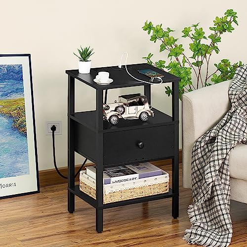Lerliuo Nightstand with Charging Station and USB Ports, 3-Tier Storage End Table with Drawer Shelf, Night Stand for Small Spaces, Wood Bed Side Table for Living Room, Bedroom - Classic Black — view 5