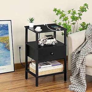 Lerliuo Nightstand with Charging Station and USB Ports 3 Tier Storage End Table with Drawer Shelf Night Stand for Small Spaces Wood Bed Side Table for Living Room Bedroom Classic Black
