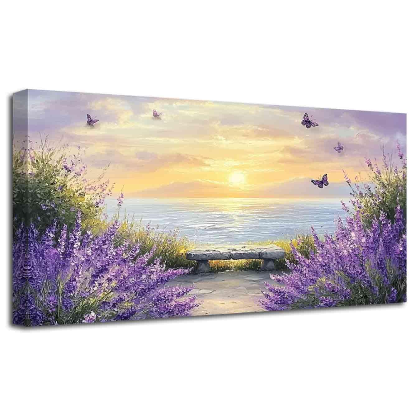 LZIMU Large Coastal Beach Sunset Wall Art Purple Lavender Picture Rustic Floral Butterfly Canvas Print Vintage Wildflower Seascape Painting Living Room Bathroom Decor (30L x 60W cm)