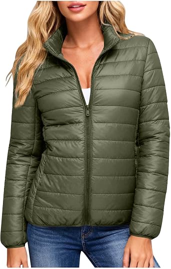 Womens Puffer Jacket Lightweight Quilted Packable Puffy Coats Zip-up Stand collar Winter Down Coat