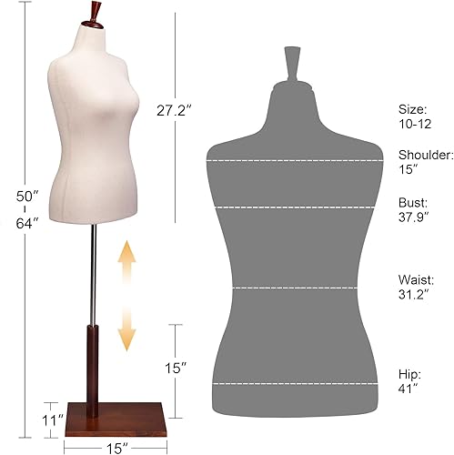 Miniatura 2 de VINGLI Forma de vestido femenino, cuerpo de torso de maniquí con soporte de madera ajustable para diseño de ropa, maniquí pinable (blanco, 2-4)