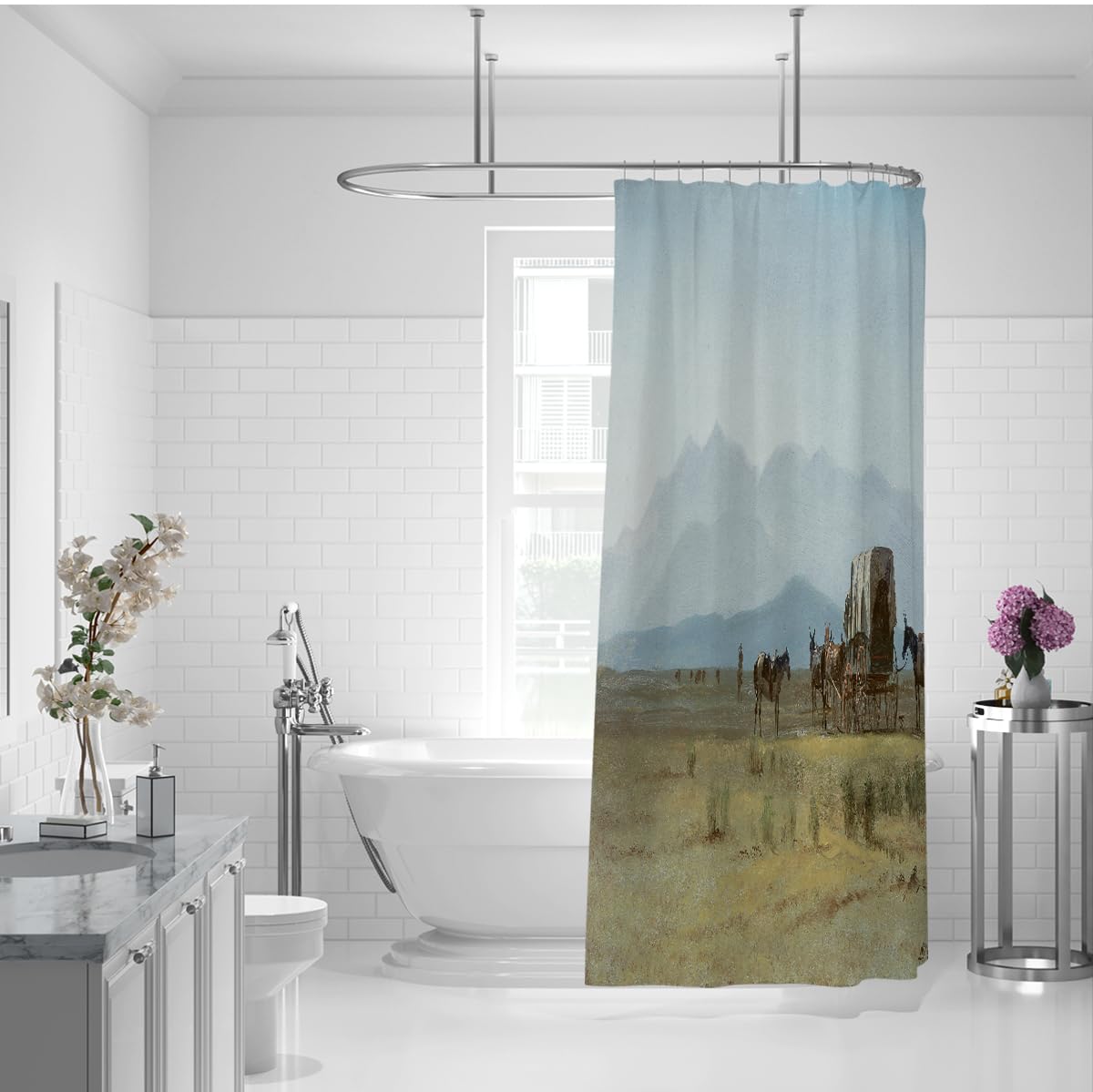 Tende della doccia di montagna Paesaggio naturale all'aperto 180x220cm | Famosa stampa di dipinto in tessuto in poliestere per l'appartamento del dormitorio domestico