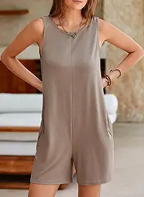 Macaquinho feminino casual sem mangas diário sólido gola U macacão bolsos laterais shorts cintura alta confortável