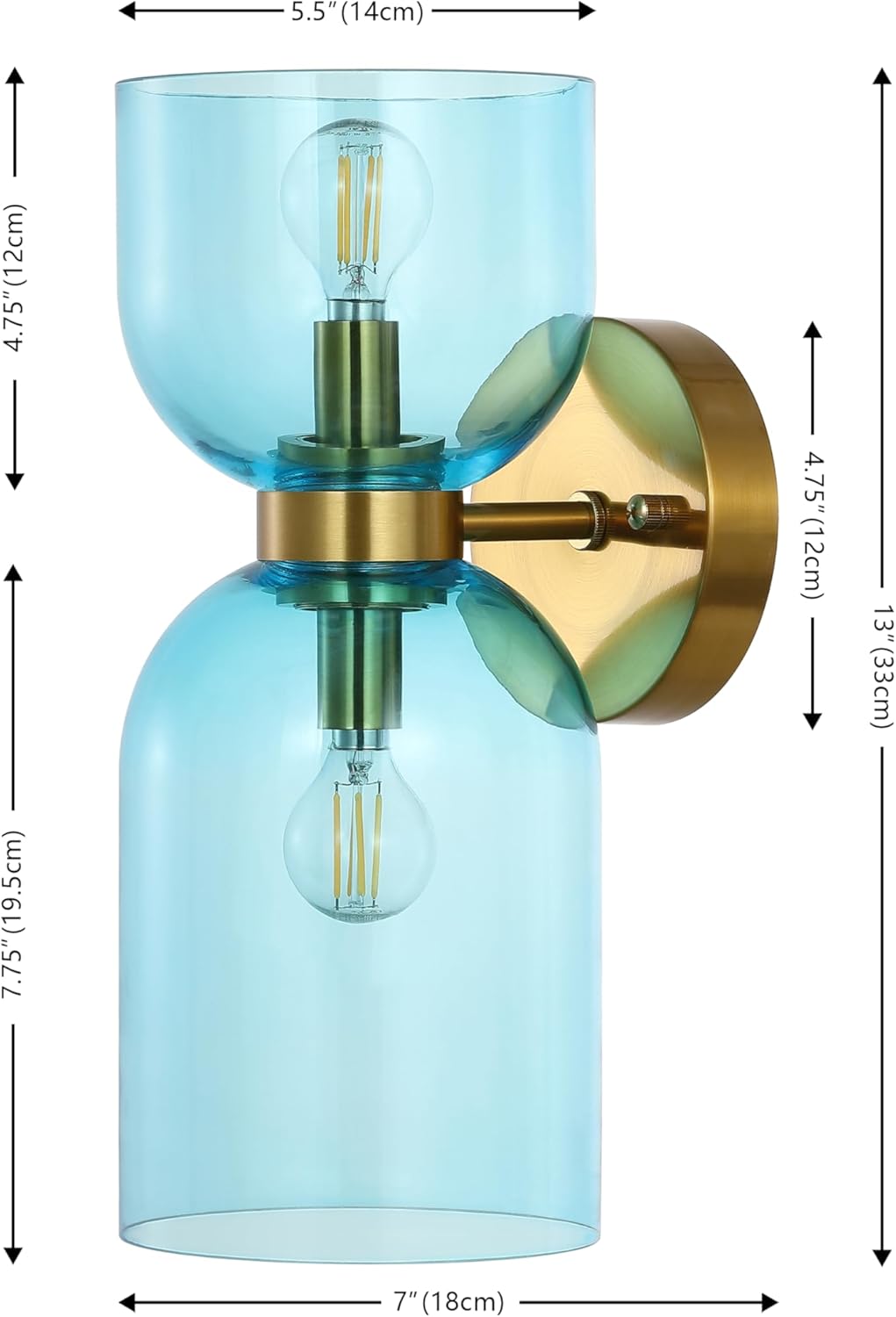 SAFAVIEH Lighting Collection Solyn Blue Glass Shade/Brass Wall Sconce Set of 2 Light Fixture, Ideal for Bathroom, Entryway, Vanity, Foyer, Hallway, Living Room (LED Bulbs Included)