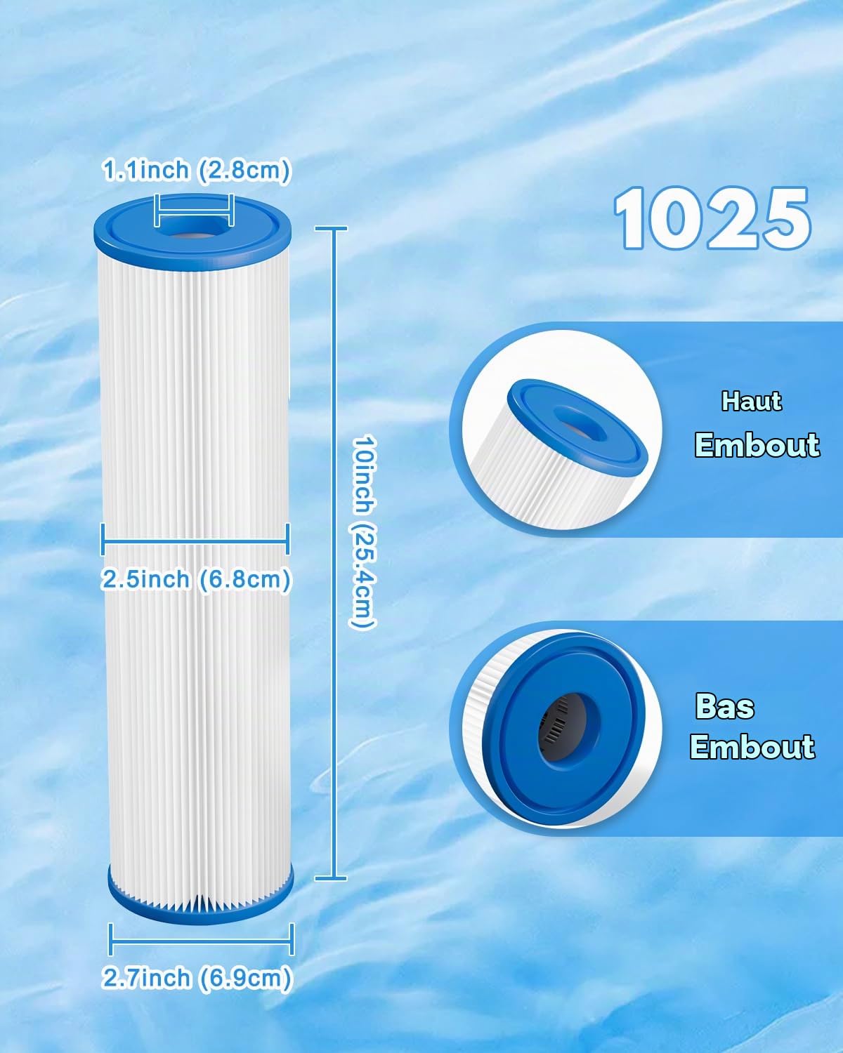 Filtre de Remplacement de Bain de Glace 25,4cm x 6,35cm 6 Pack | Filtre de refroidisseur à plongée froide 20 microns remplacement du filtre de sédiment plissé pour bain à remous de glace