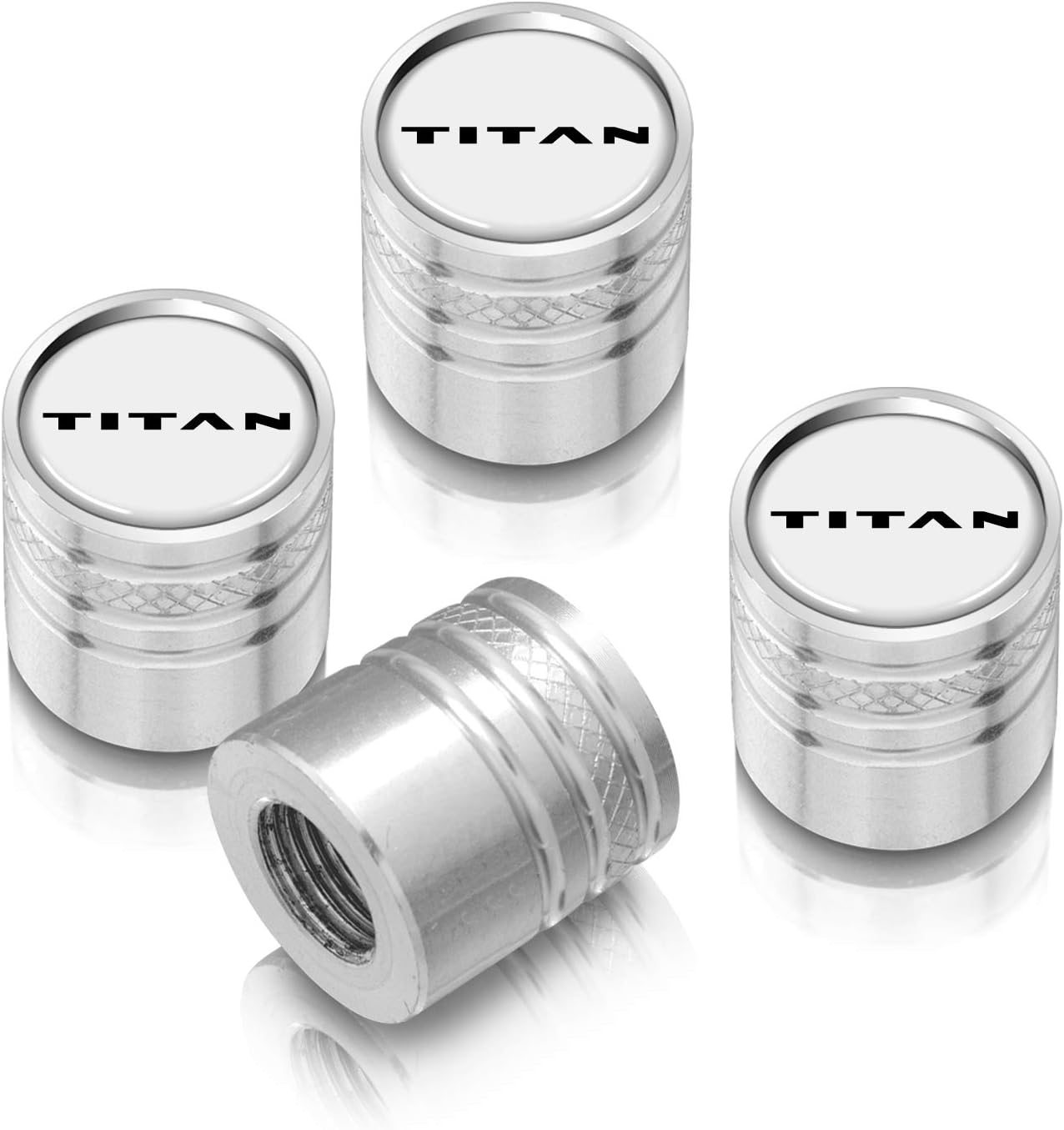 iPick Image for Nissan Titan in White on Red Aluminum Cylinder-Style Tire Valve Stem Caps