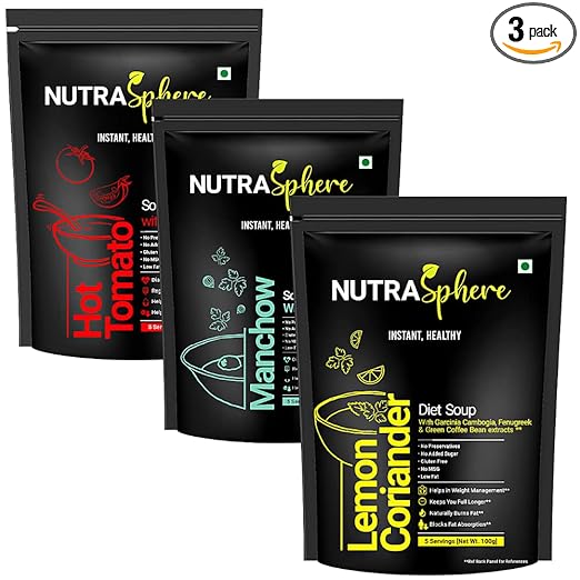 Tomato, Diet Lemon Coriander, Manchow Soup Packets Combo. High Fibre For Diet Management (Instant, Preservative Free, Sugarfree, Gluten Free, Diabetic Friendly)- 5 Sachets