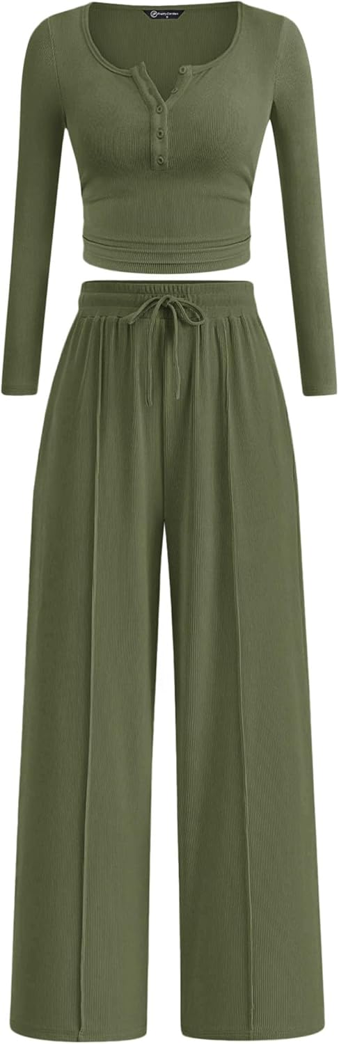 PRETTYGARDEN Women's 2025 Fall Trendy 2 Piece Outfits Lounge Sets Long Sleeve Top Henley Shirts Wide Leg Pants Travel Clothes