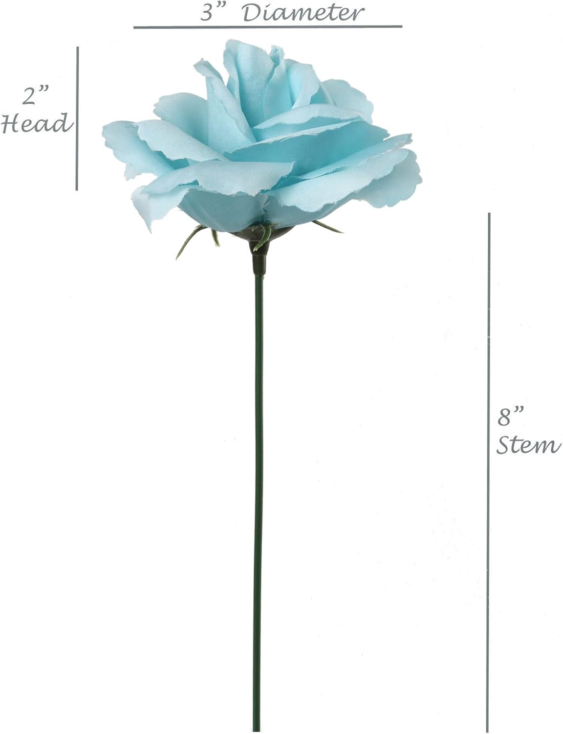 Larksilk Sky Blue Artificial Roses 50pcs, Real Touch Fabric Fake Flowers with Stems for Bridal Arrangements and Wedding Events