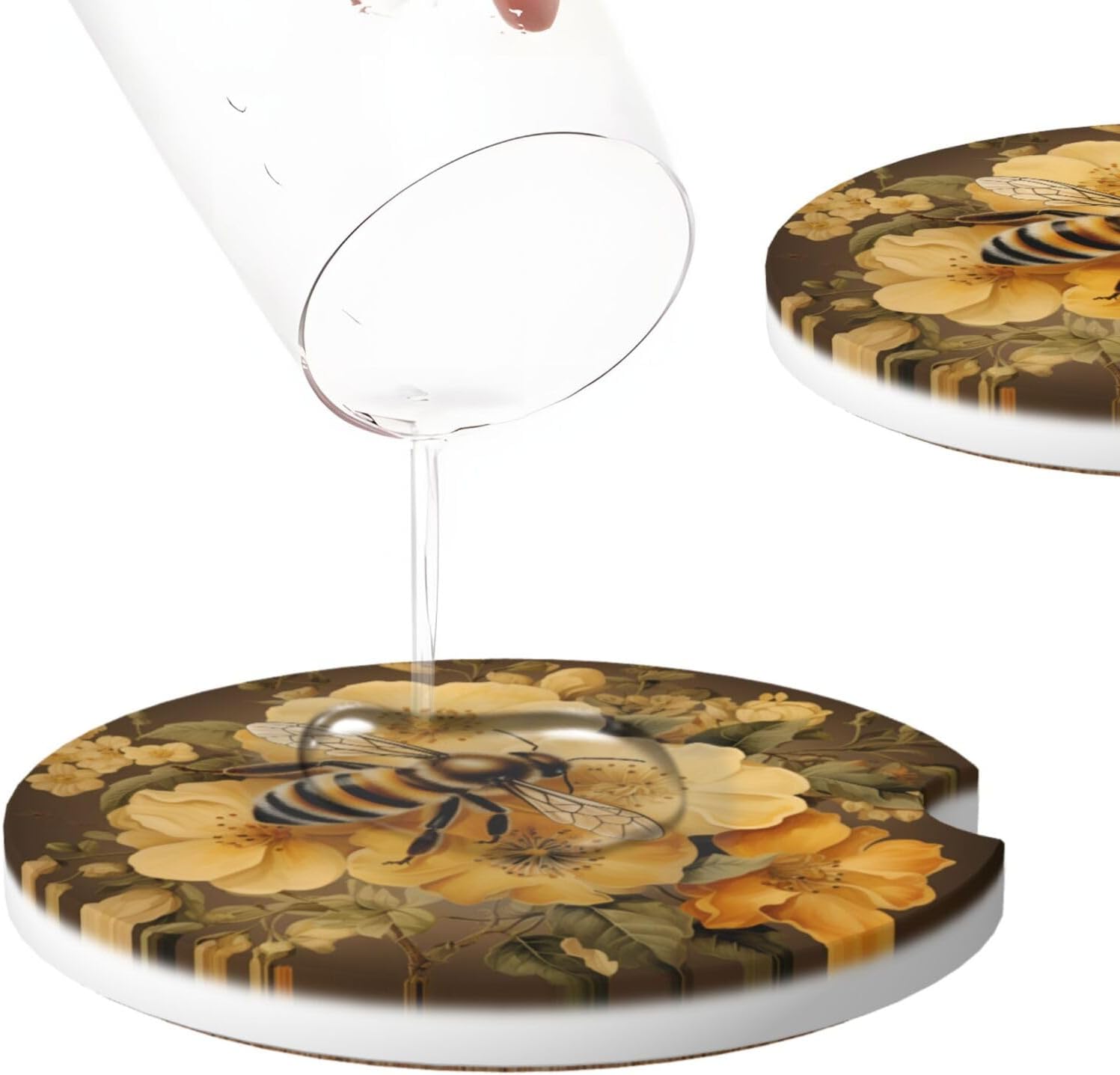 2pcs Car Cup Holder Coasters, Honey Bee Flowers, Ceramic, Round, Absorbent, Non-Slip Cork Base, Groove Design