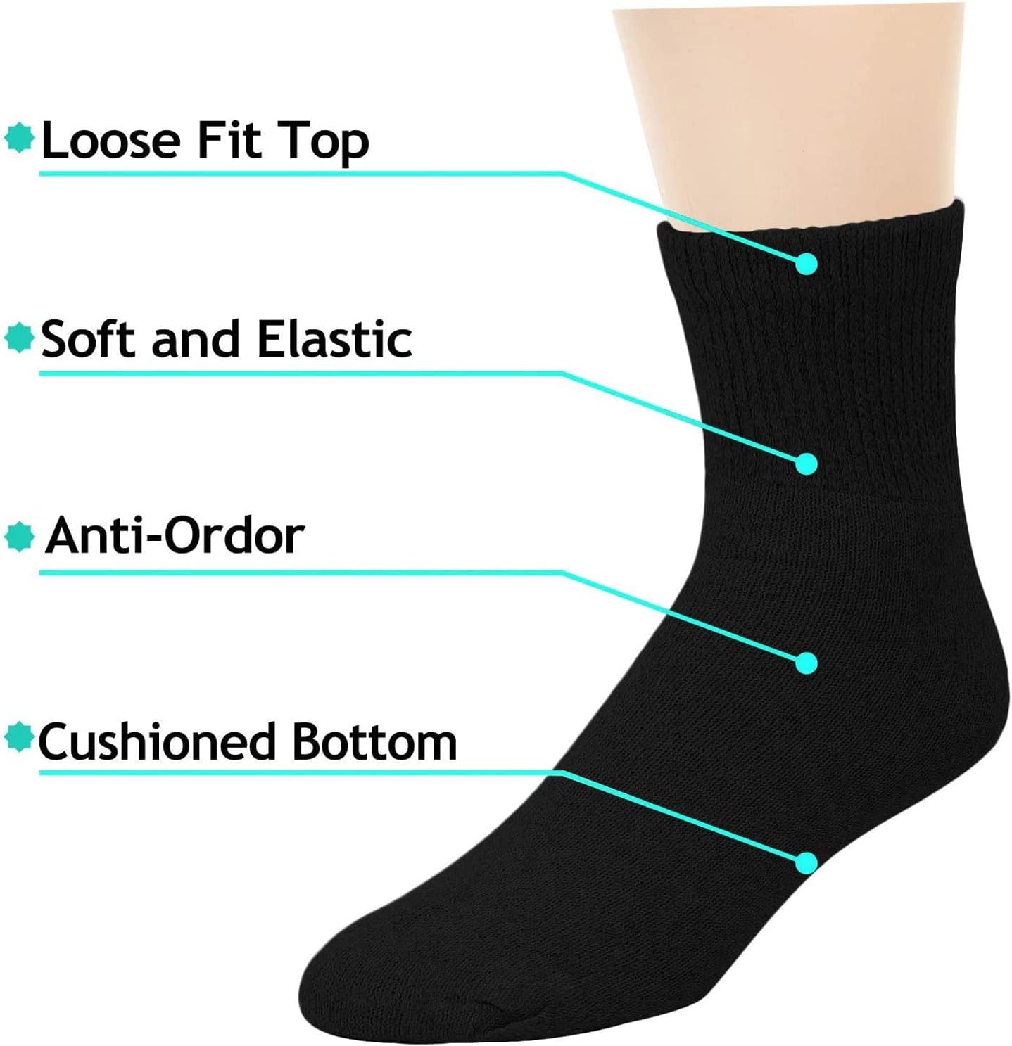 Falari 12-Pack Diabetic Socks Quarter Ankle Physicians Approved Socks Mens Womens Non-Binding Loose Fit Socks (9-11, Black) - Image 2