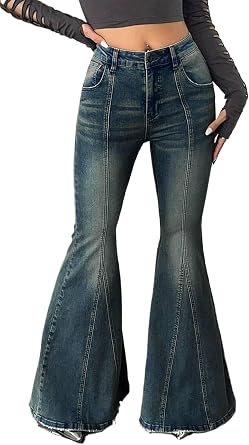 Bell Bottom Jeans for Women High Waisted Stretchy Ripped Denim Flare Pants | Classic high-waist stretch flare jeans with knee rip, frayed raw hem, wide bell-bottom cut slims figure & elongates legs